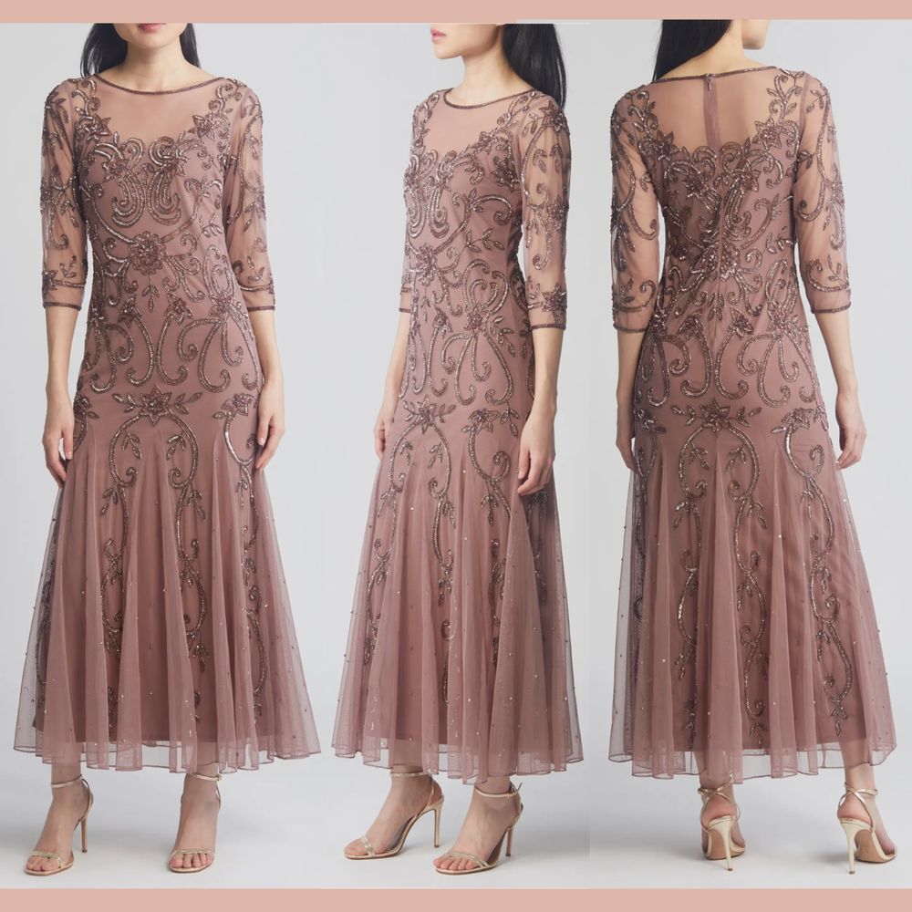 NWT $268 Pisarro Nights [ 4 ] 3/4 Sleeve Beaded Illusion Neck Gown‎ Mauve